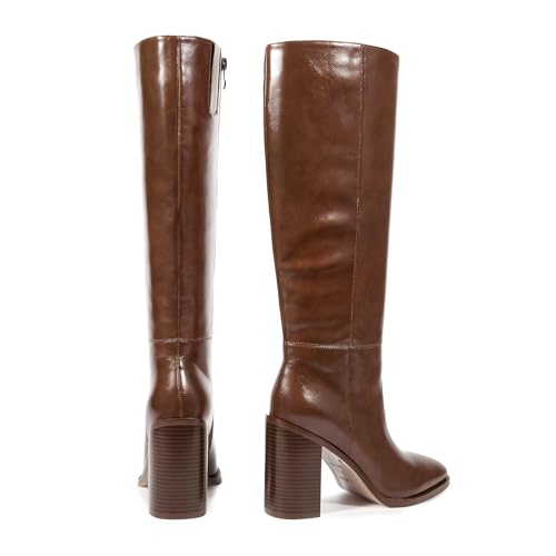 ISNOM Knee High Boots Women Almond Toe Chunky Boots for Women Tall Boots with Full Side Zipper High Heel Long Boots3