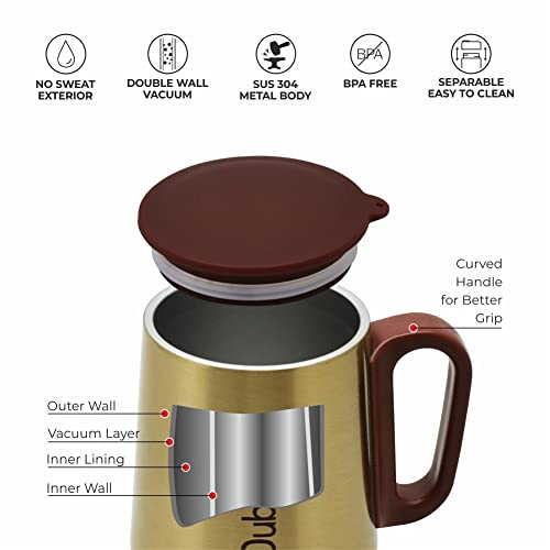 Image of DUBBLIN Rugby Stainless Steel Unbreakable Tea Coffee Mug Double Wall with Handle and Lid, Wide Mouth Mug Keeps Beverages Hot & Cold 270 ML Golden