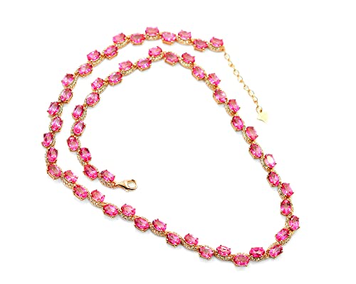 32.70 Cts 6X4 Mm Oval Cut Natural Pink Topaz Women Necklace 925 Sterling Silver Chain Adjustable Topaz Jewelry Gift For Her (22 Inches, Rhodium Plated Silver) #TOP1
