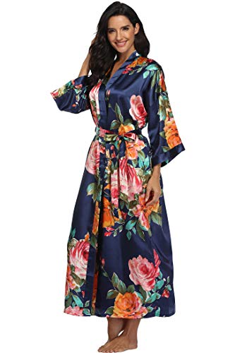 Image of Women Silk Kimono Robe Long Floral Bridesmaids Robes Satin | Wedding Party Bridal Getting Ready Robe Lightweight Dressing Gown Loungewear Sleepwear