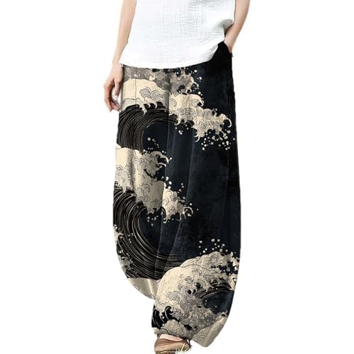 Womens Cargo Pants Japanese Wave Print Graphic Spring Cotton Soft
