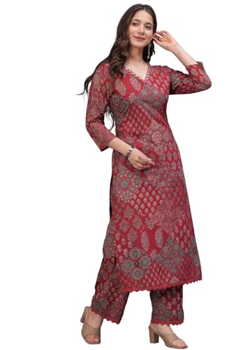 Image of rytras Women Pure Cotton Printed Straight Kurta Set with Palazzo Pants - Ethnic Wear