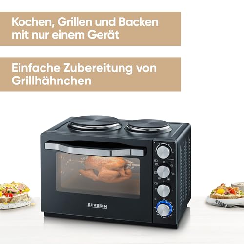 SEVERIN Back- und Toastofen mit Kochplatten, Ofen mit 30 L Garrauminhalt, mit Kochplatten zum Kochen, Grillen und Backen, Gesamtleistung 2500 W, schwarz, TO 2074 2