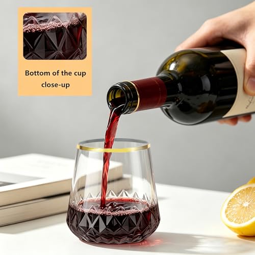 Image of Lueumxc 40 Pack Plastic Wine Glasses, 14Oz Gold Rim Disposable Wine Glasses Unbreakable Rhombus Plastic Cocktail Glasses Recyclable Shatterproof Reusable Wine Cups