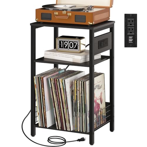 Yoobure Record Player Stand, 3-Tier End Table with Charging Station, Small Side Table for Living Room Bedroom, Nightstand for Vinyl Storage, Tall Beside Tables Turntable Stand for Album CD