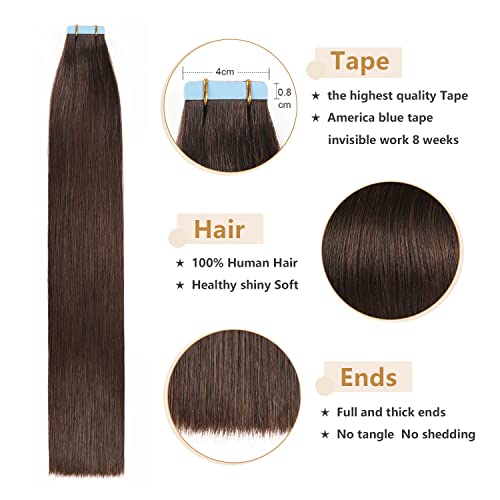 Yilite Tape In Hair Extensions Human Hair Brown, 20 Inch 50G 20Pcs Silky Straight Remy Human Hair Extensions Tape Ins, 2 Dark Brown Tape In Human Hair Extensions(20Inch #2 Dark Brown） #TOP2