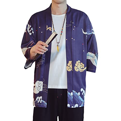 Image of PRIJOUHE Men's Lightweight Kimono Jacket Seven Sleeve Open Front Cardigan Coat Japanese Style Bathrobe