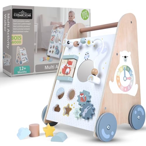 Image of Cosmicstar Wooden Baby Walker - 6 in 1 Activity Cube Walkers for Babies, Toys Roll Cart Baby Activity Walkers for Boys and Girls or Motor Skills, Cognitive Thinking and Hand-Eye Coordination