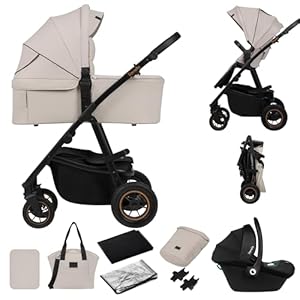 LIONELO AMBER PLUS 3-in-1 Multifunktionaler Kinderwagen von 0 bis 4 Jahren bis 22 kg mit XL-Babywanne, Kindersitz bis 13 kg, verstellbare Rückenlehne, große 360o Geländeräder, XXL-Verdeck