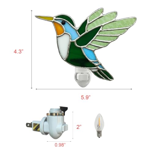 Image of CHEZBABY Stained Glass Hummingbird Plug-in Night Light | Art glass shade, 1W LED bulb, 120V rotatable plug with switch, Nature-inspired charm for bedroom,hallway,living room,kitchen.