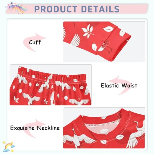Pajama Sets Long Sleeve Red Cranes and Leaves Pattern Soft Comfy Sleepwear 2 Piece PJS 3-8T4
