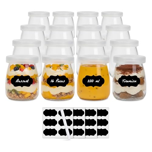 Amajoy 16 x 200 ml Gläser Joghurtgläser mit Deckeln - Joghurtbecher - Ersatzgläser für Joghurtmaschinen - PE-Verschlusskappen Glasbehälter