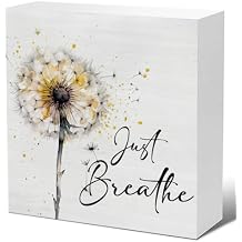 Inspirational Quotes Decor Just Breathe Decorative Wooden Block Sign Rustic Dandelion Decorations for Home Office Shelf 5 x 5 Inch