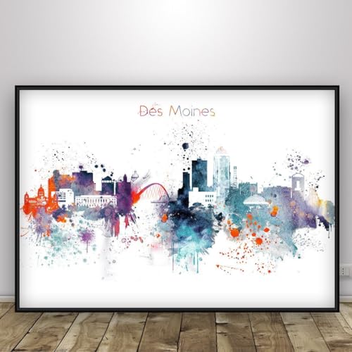 Des Moines Print, Watercolor Des Moines Skyline Poster, Home Decor Wall Art Iowa Cityscape Typography Art Travel Memory Print 134 Poster