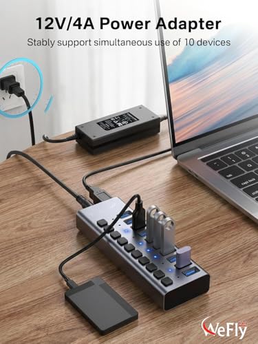 Image of 10 Port USB 3.0x1 with Power Adapter usb3 Fast Powered Data hub, Multiple Splitter, US.B Docking Station, multiport hubs, LEDs on /Off Sw1tch Compatible with pc Laptop MaBook iMac (LKP0652H 10Ports)
