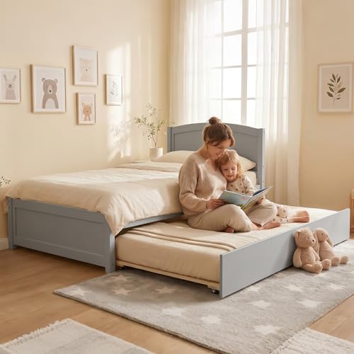 Image of Xilingol Trundle Bed Twin, Solid Wood Bed Frames with Headboard and Wooden Slats Support, Twin Trundle Bed Frame Roll Out, Single Box (No Box Spring Needed)