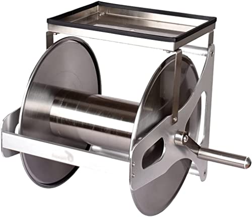Carro pequeño para enrollador de manguera de jardín de acero inoxidable, soporte de almacenamiento de pared para tuberías de agua con mesa de almacenamiento, para exteriores, patio, parque, riego y i