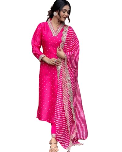 Image of Women's Chanderi Solid 3 /4 Sleeve V-Neck Embroidered Kurta, Pant and Dupatta-Pink-JT-031