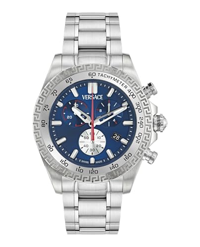 Versace Chrono X Collection Luxury Mens Watch Timepieces with a Silver Bracelet Featuring a Stainless Steel Case and a Blue Dial