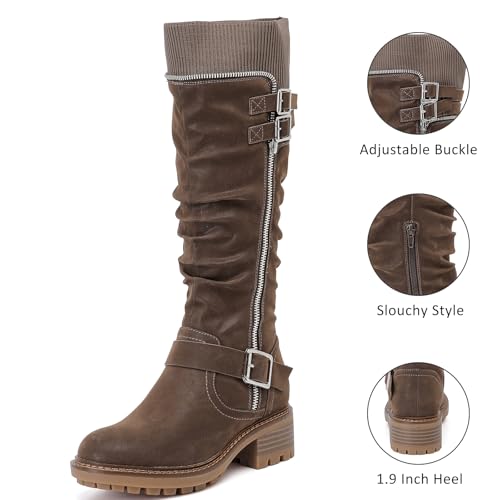 Women's Slouchy Knee High Boots Low Heel Comfort Round Toe Tall Calf Flat Riding Combat Boots for Women.3