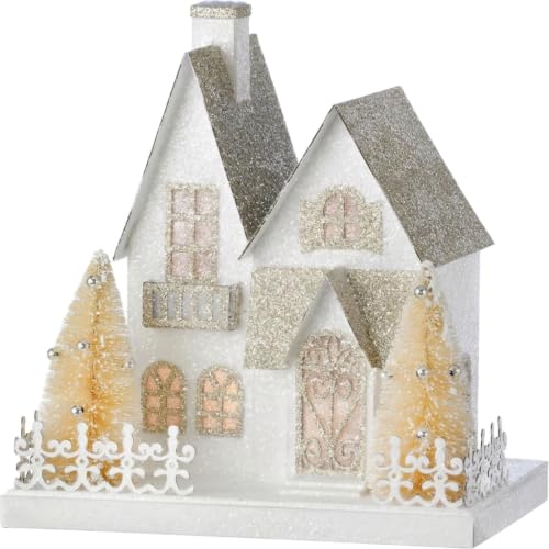 Regency International LED Battery Timer Cardboard Snowy Lane House White Resin Home Decor 9 Inches