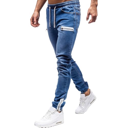 Men's Elastic Waist Drawstring Denim Skinny Fit Ripped Distressed Stretch Fashion Denim Pants Zipper Moto Biker Jeans