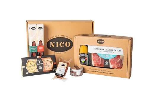 Nico Jamones Selección exclusiva de productos ibéricos y gourmet en una elegante caja regalo: jamón, lomo, embutidos, quesos, caldo ibérico y trufas artesanas. Detalle ideal para disfrutar o regalar
