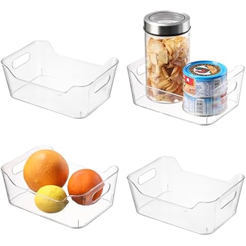 OMNISAFE 4 Pack Plastic Clear Storage Bins, Refrigerator Organizer Bins with Handle, Kitchen Cabinet Organizer, Stackable Pantry Organization, Perfect for Fridge,Closet Organization (Small) Cover