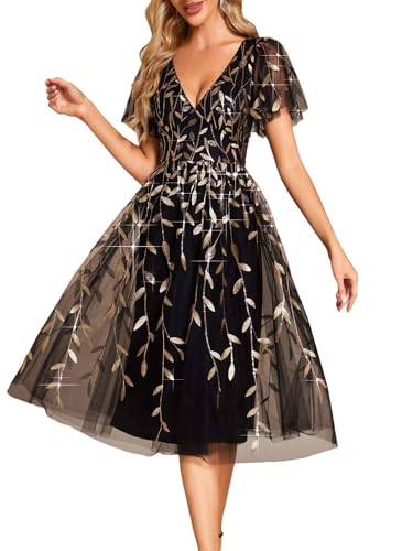 Ever-Pretty Robe Femme de Soirée Mi-Longue Paillettes Col V Manches Courtes Cocktail Mariage Or Noir 36