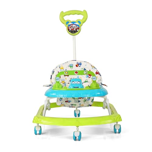 Image of BabyGo Gogo Baby Walker for 6-24 Months, Baby Walker with Push Handle & Activity Tray, Foldable Adjustable Height Infant Walker with Wheels, Music,Toy Bar and Comfotable seat (Blue -Green)