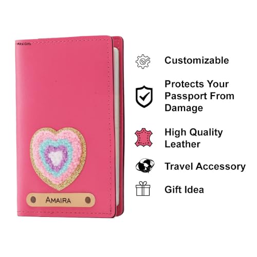Image of AICA Personalised Name & Embroidery Patch Leather Passport Holder for Men & Women | Gifts for Women| Gift for Man|Passport Cover for Men| Passport Cover for Women (Dark Pink)