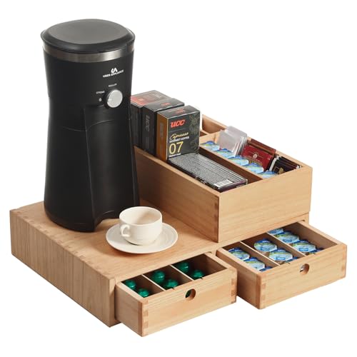 KIRIGEN Wooden Coffee Pod Holder for Nespresso Vertuo Capsules & Dolce Gusto Pods - Capsule Drawer Organizer for Kitchen & Bar Coffee Machine Stand with Coffee Station Organizer