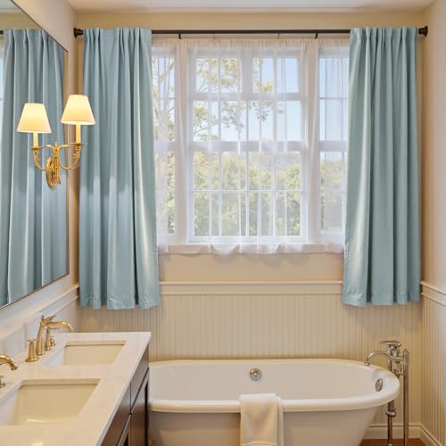 Image of Blackout Misty Blue Velvet Curtains Rod Pocket 52x72 Inch 2 Panels | Soft Velvet, For Small Windows, Kitchens & Bathrooms, Light Shifting Texture, Elegant Drape, Peaceful, Serene