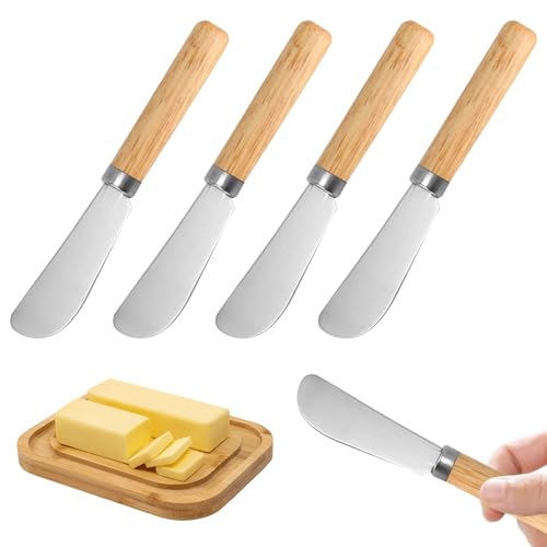 4 Stück Edelstahl Buttermesser Kleine Käsemesser Set, Streichmesser Butter Messer Dessertmesser Kleine Brotzeitmesser mit Holzgriff für Marmelade Brot Creme Butter Sahne Käse Küchenwerkzeug(14.7 cm)