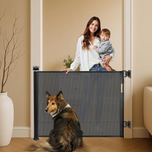 Barrière de Sécurité Rétractable, 150 cm de Large x 86 cm de Haut, pour Escaliers et Chiens, Blanc (Noir, 150CM)