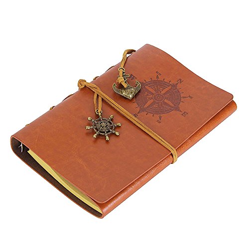 Leather Writing Journal Notebook, EvZ 7 Inches Vintage Nautical Spiral Blank String Diary Notepad Sketchbook Travel to Write in, Unlined Paper, Retro Pendants, Classic Embossed, Brown