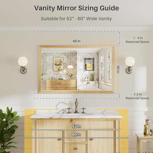 Image of 48x30 Inch Bathroom Mirror for Wall, Anti-Rust Oak Wood Grain Metal Framed Bathroom Mirrors for Over Sink,Rectangler Mirrors for Bathroom Vanity, Farmhouse, Bedroom, Living Room, Entryway Decor