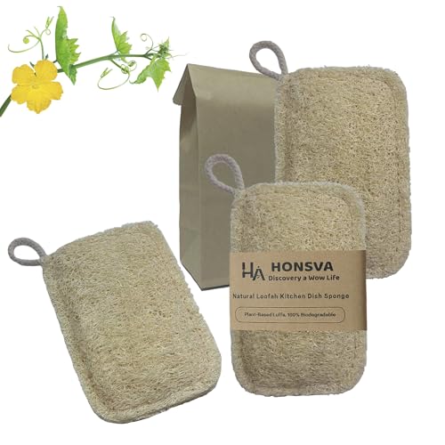 Image of Natural Loofah Kitchen Sponge (3 Pcs) No Scratch Scrubber for Dishwashing, 100% Plant Fibers Vegetable Scrubber, Zero Waste and Eco Friendly Loofa, Square, Large Size