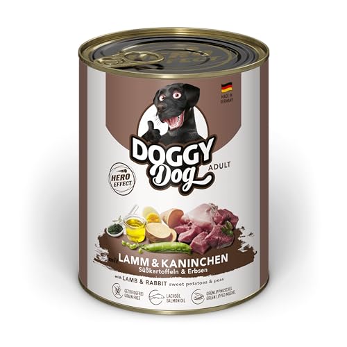 DOGGY Dog Paté Lamm & Kaninchen, 6 x 800 g, Nassfutter für Hunde, getreidefreies Hundefutter mit Lachsöl und Grünlippmuschel, Alleinfuttermittel mit Süßkartoffel und Erbsen, Made in Germany