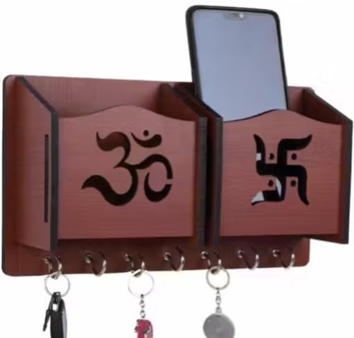 Image of Vintage Collection Wooden Key Holder for Wall, Wall Mounted Key Stand with Hooks, Hanging Rack for Living Room, Office and Door (Om Swastik Keyholder)