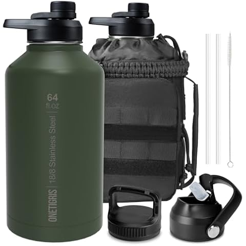OneTigris Tactical Half Gallon Water Bottle with Straw - 64 oz Vacuum Insulated Stainless Steel Water Jug, Leakproof Sport Bottle with 3 BPA Free Lids, Paracord Handle & MOLLE Water Pouch for Outdoor Cover