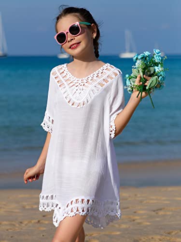 SHENHE Girl's Crochet Hollow Out Sheer Swimsuit Cover Ups Short Sleeve Beach Dress4