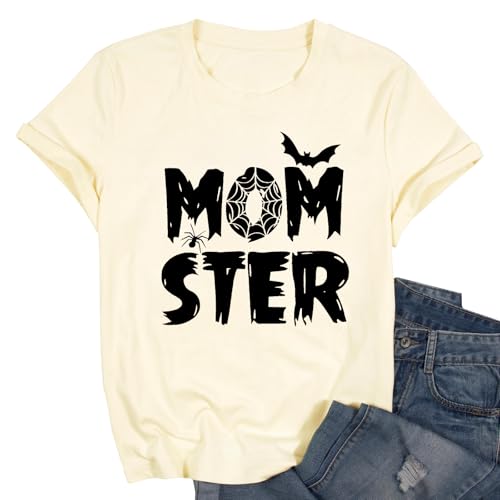 FASHGL Camiseta de manga corta para mujer, diseño de murciélago araña, informal, con estampado de texto "Momster" de Halloween, Albaricoque, Large