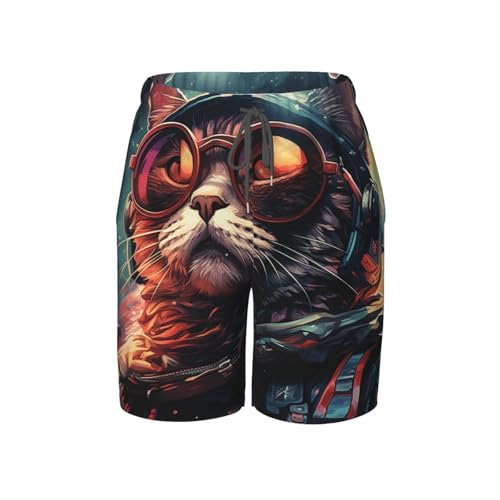 Boys Swim Trunks Beach Board Shorts Summer Bathing Suits Teen Kids, Space Laser Cat Cool Rainbow