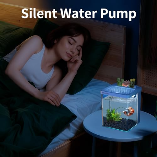 Image of Small Fish Tank Aquarium kit 1.5 Gallon Betta Fish Tank with Silent Water Pump Filter LED Light,Fish Bowl (White)