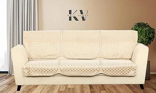 Image of Premium Velvet Jaquard Fabric Sofa Cover for 5 Seater Sofa Set Slipcover for 3+1+1 Seater Sofa Panel Cover (5 Seater, Beige /Cream Color)
