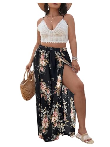 Verdusa Women's Plus Size 2 Piece Floral Outfits Crochet Tie Back Crop Camisole with Slit Maxi Skirt Set