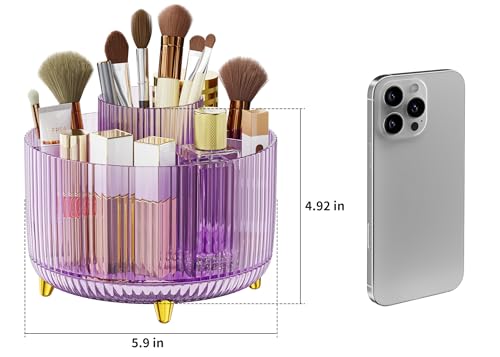 Image of Clear Rotating Makeup Organizer Countertop for Vanity, 360 Makeup Brush Holder Organizer with 5 Compartments, Transparent Cosmetic Storage for Lipstick, Skincare, Bathroom Counter(Transparent Purple)