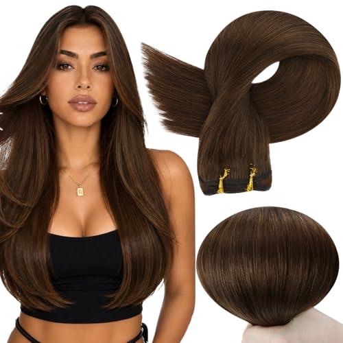 Image of Full Shine Sew In Remy Human Hair Weft Extensions, Warm Chestnut Brown | 24 Inch 105G, Add Length, Natural Blend, Soft Silky Texture, For Thin Hair