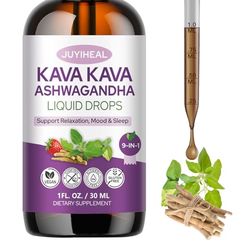 JUYIHEAL 9-in-1 Kava Kava Liquid Drops, 2Pack Kava Root Liquid Extract Supplement with Ashwagandha, Lemon Balm, Valerian Root, Magnesium for Relaxation, Cognitive Support, Sugar Free, Vegan, 1 Fl Oz